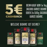 5 € Cashback beim Kauf von 1 kg Jacobs Ganze Bohnen