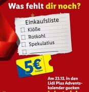 Lidl: Adventskalender (23.12.) 5 € Coupon (MEW 50 €)