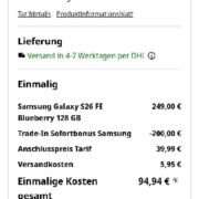 Samsung Galaxy S26 FE 128GB + 20GB 5G im Vodafone-Netz für 14,99€/Monat (mit Trade-In)
