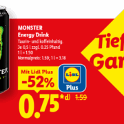 Monster Energy bei Lidl für 0,75 € statt 1,59 € – mit Lidl Plus App